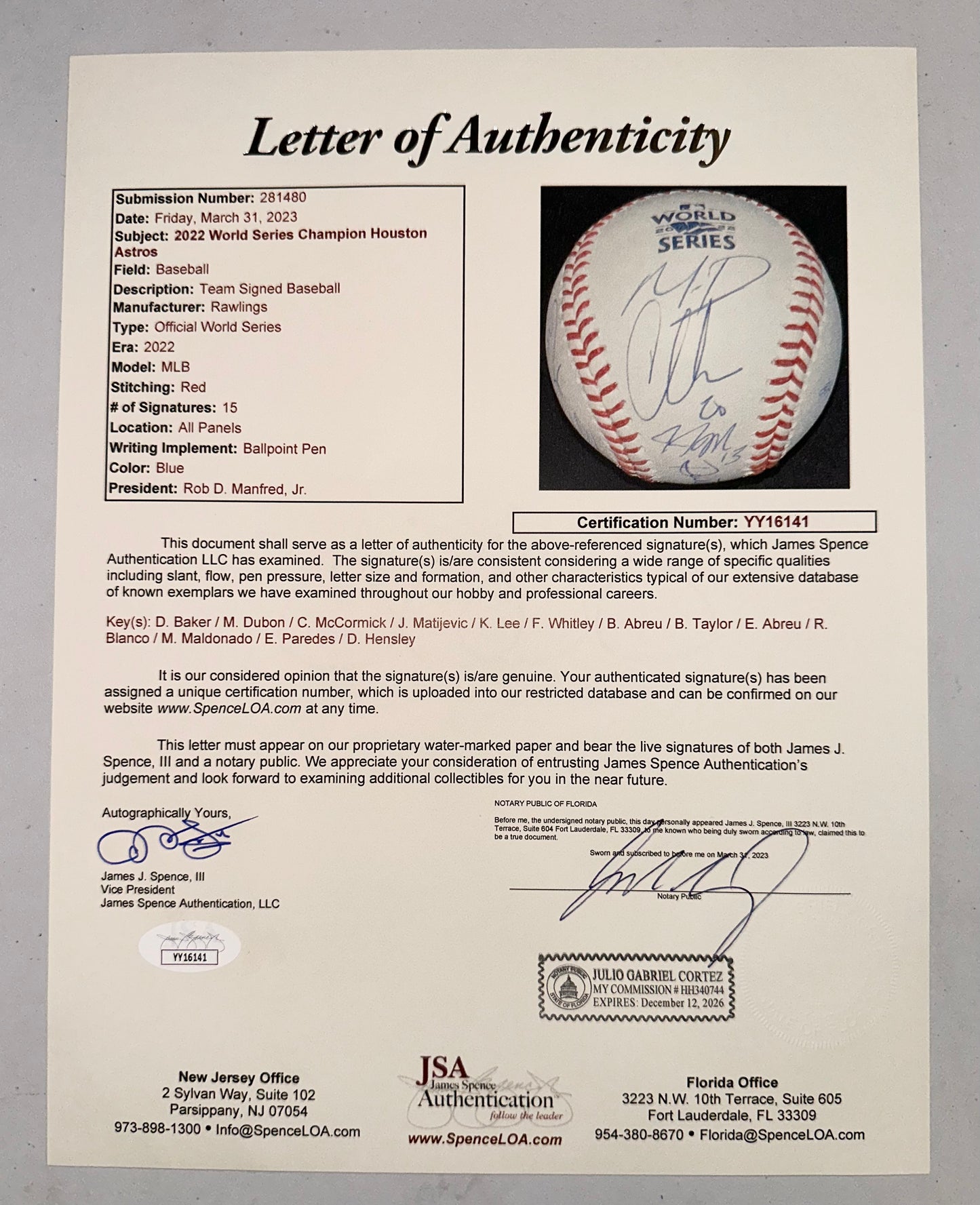 Houston Astros Autographed Team 2022 World Series Baseball JSA LOA