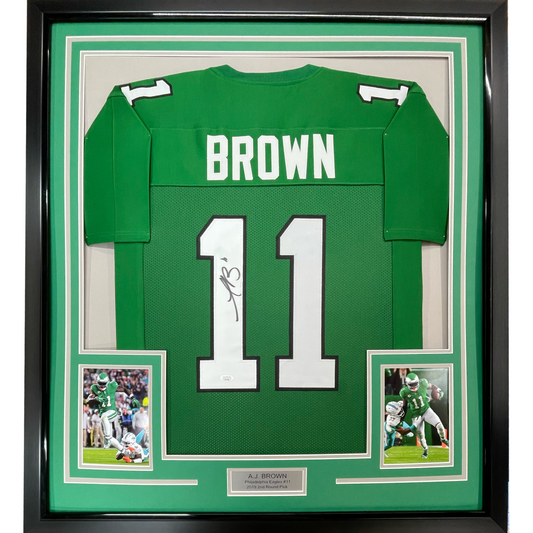 Framed Autographed/Signed AJ A.J. Brown 35x39 Philadelphia Kelly Green Football Jersey JSA COA