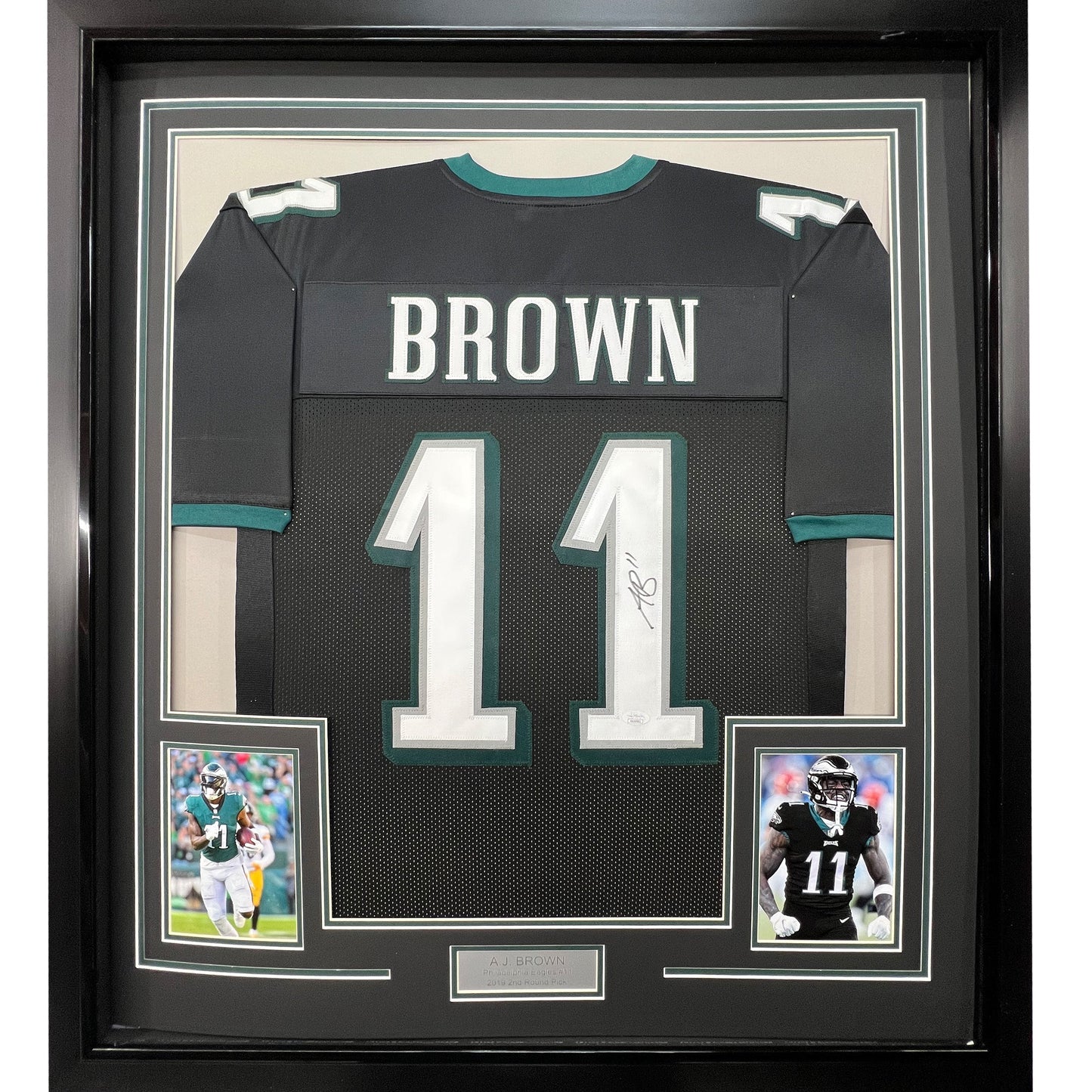 Framed Autographed/Signed AJ A.J. Brown 35x39 Philadelphia Black Football Jersey PSA/DNA COA