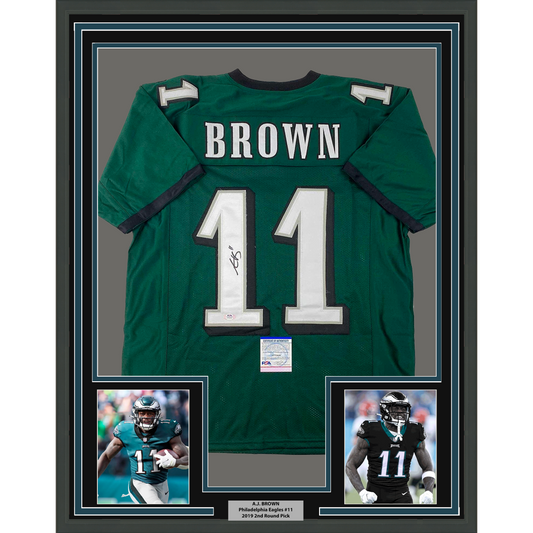 Framed Autographed/Signed AJ A.J. Brown 35x39 Philadelphia Green Football Jersey PSA/DNA COA