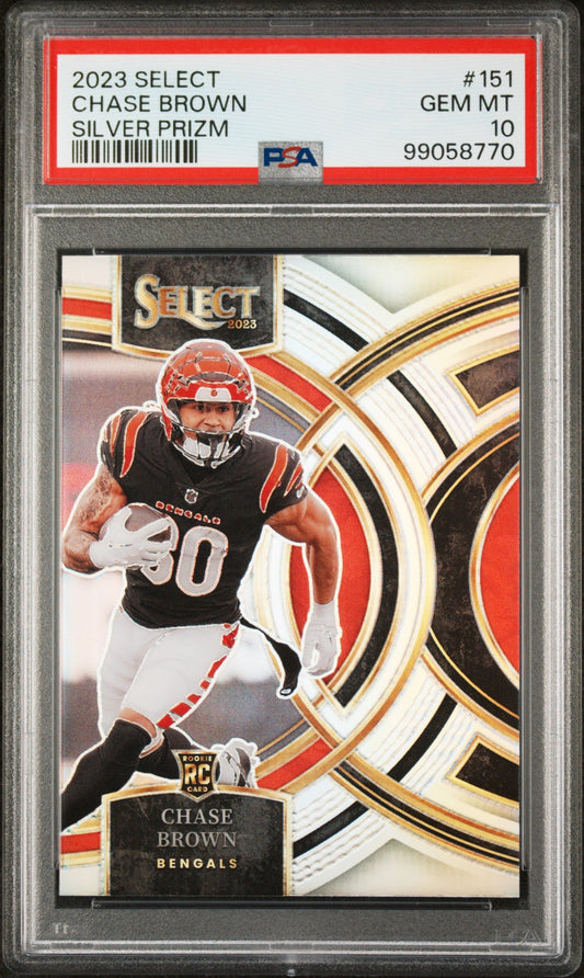 Graded 2023 Panini Select Chase Brown #151 Silver Prizm Rookie RC Football Card PSA 10 Gem Mint