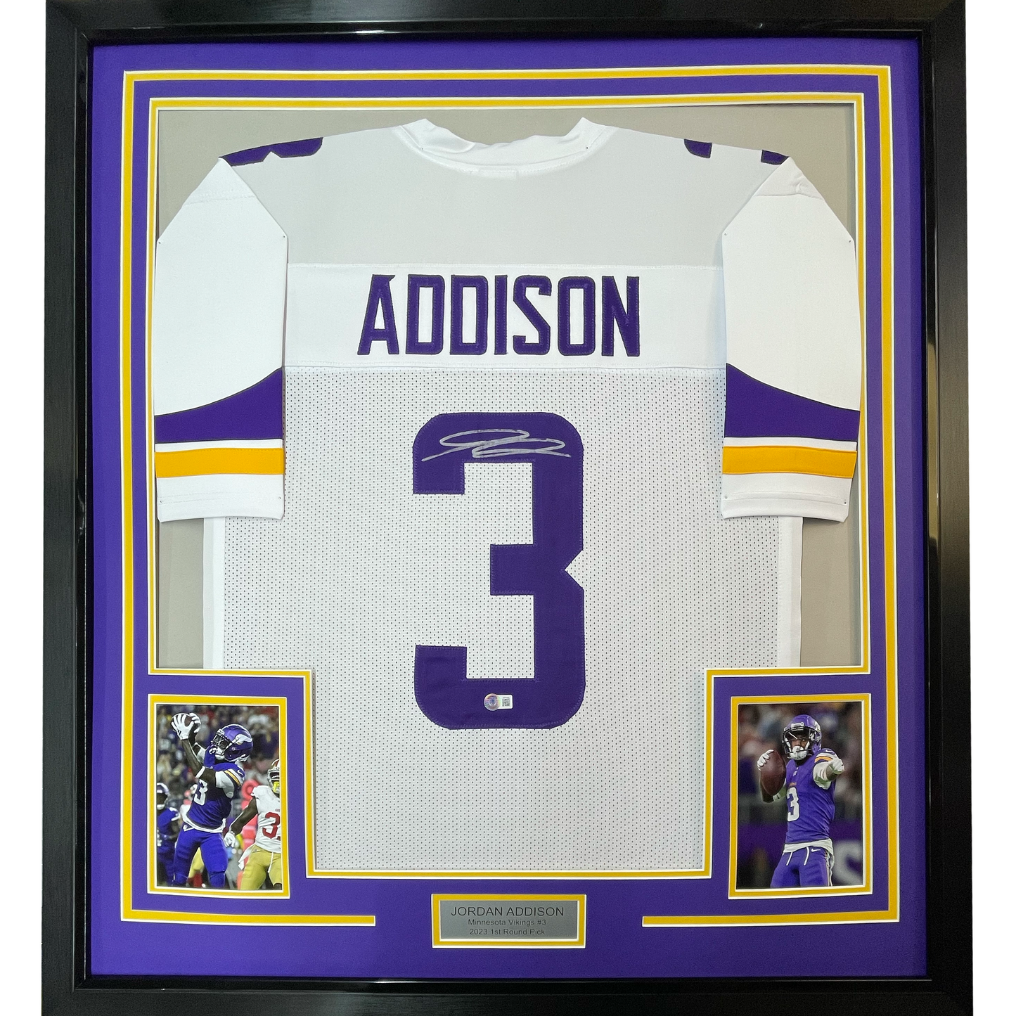 Framed Autographed/Signed Jordan Addison 35x39 Minnesota White Football Jersey Beckett BAS COA