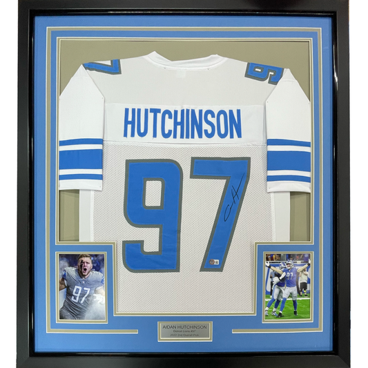 Framed Autographed/Signed Aidan Hutchinson 35x39 Detroit White Football Jersey Beckett BAS COA