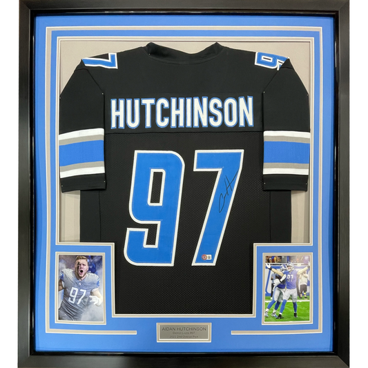 Framed Autographed/Signed Aidan Hutchinson 35x39 Detroit Black Football Jersey Beckett BAS COA