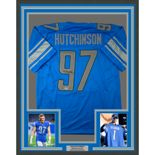 Framed Autographed/Signed Aidan Hutchinson 35x39 Detroit Blue Football Jersey Beckett BAS COA