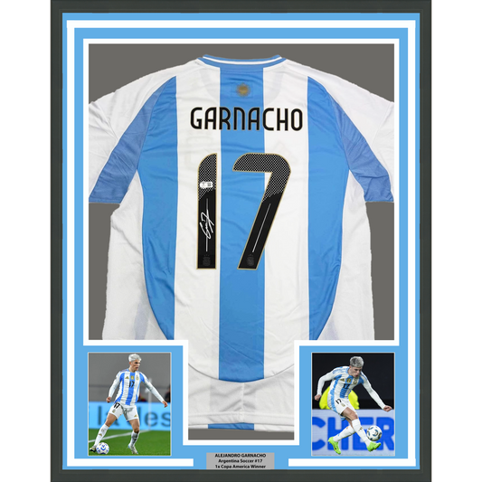 Framed Autographed/Signed Alejandro Garnacho 35x39 Argentina Blue Soccer Futbol Jersey Beckett BAS COA #2