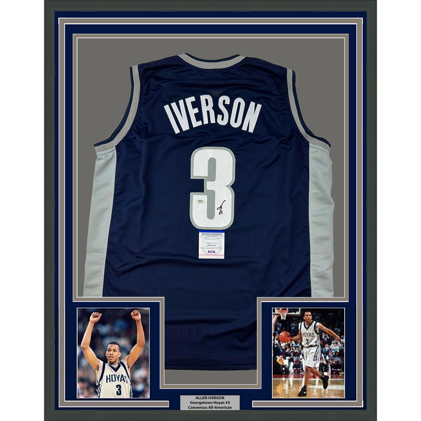 Framed Autographed/Signed Allen Iverson 35x39 Georgetown Blue Basketball Jersey JSA COA