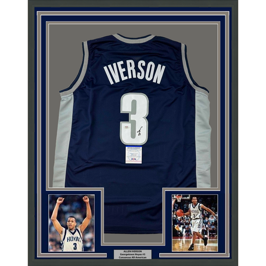 Framed Autographed/Signed Allen Iverson 35x39 Georgetown Blue Basketball Jersey JSA COA