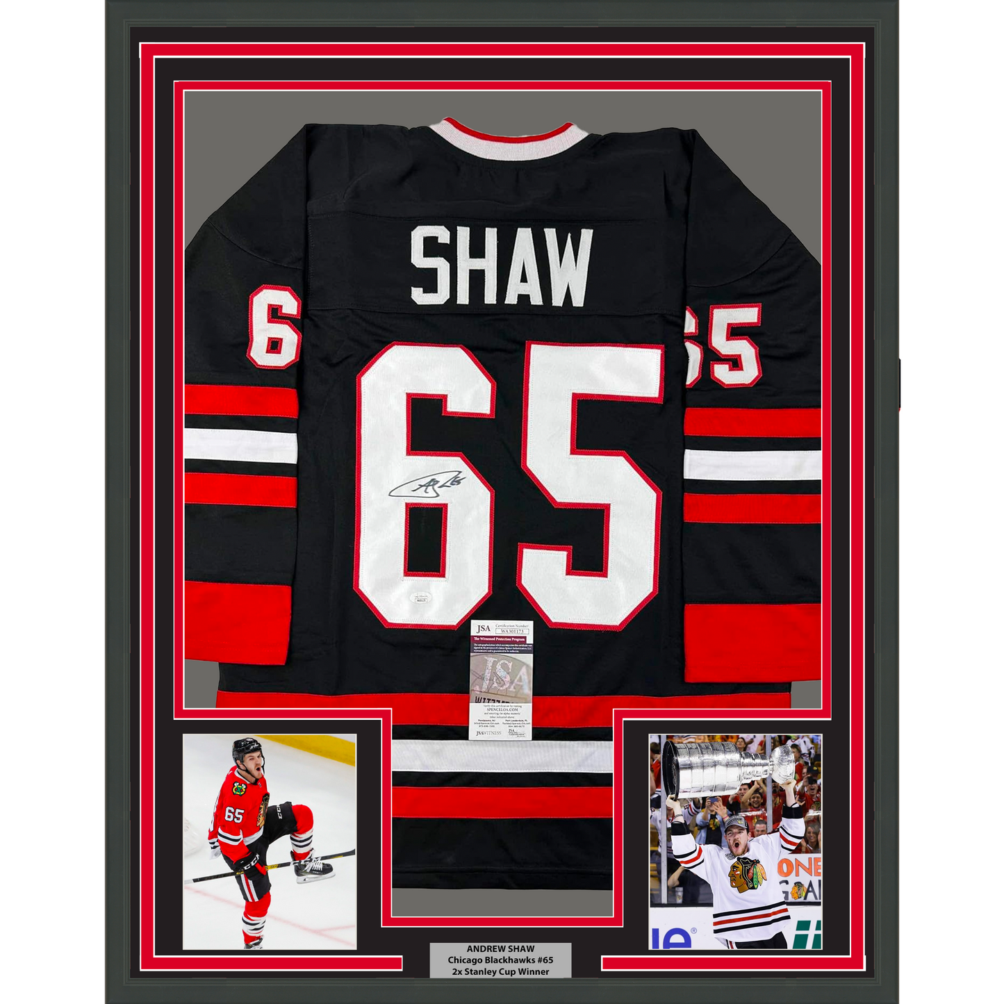 Framed Autographed/Signed Andrew Shaw 35x39 Chicago Black Hockey Jersey JSA COA