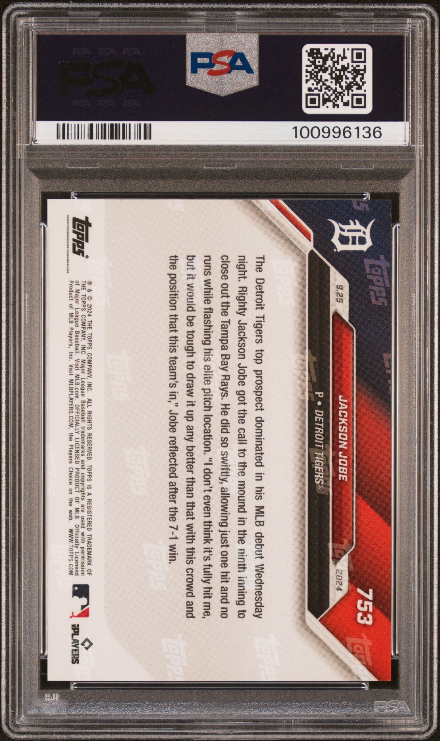 Graded 2024 Topps Now Jackson Jobe #753 Rookie RC Baseball Card PSA 10 Gem Mint