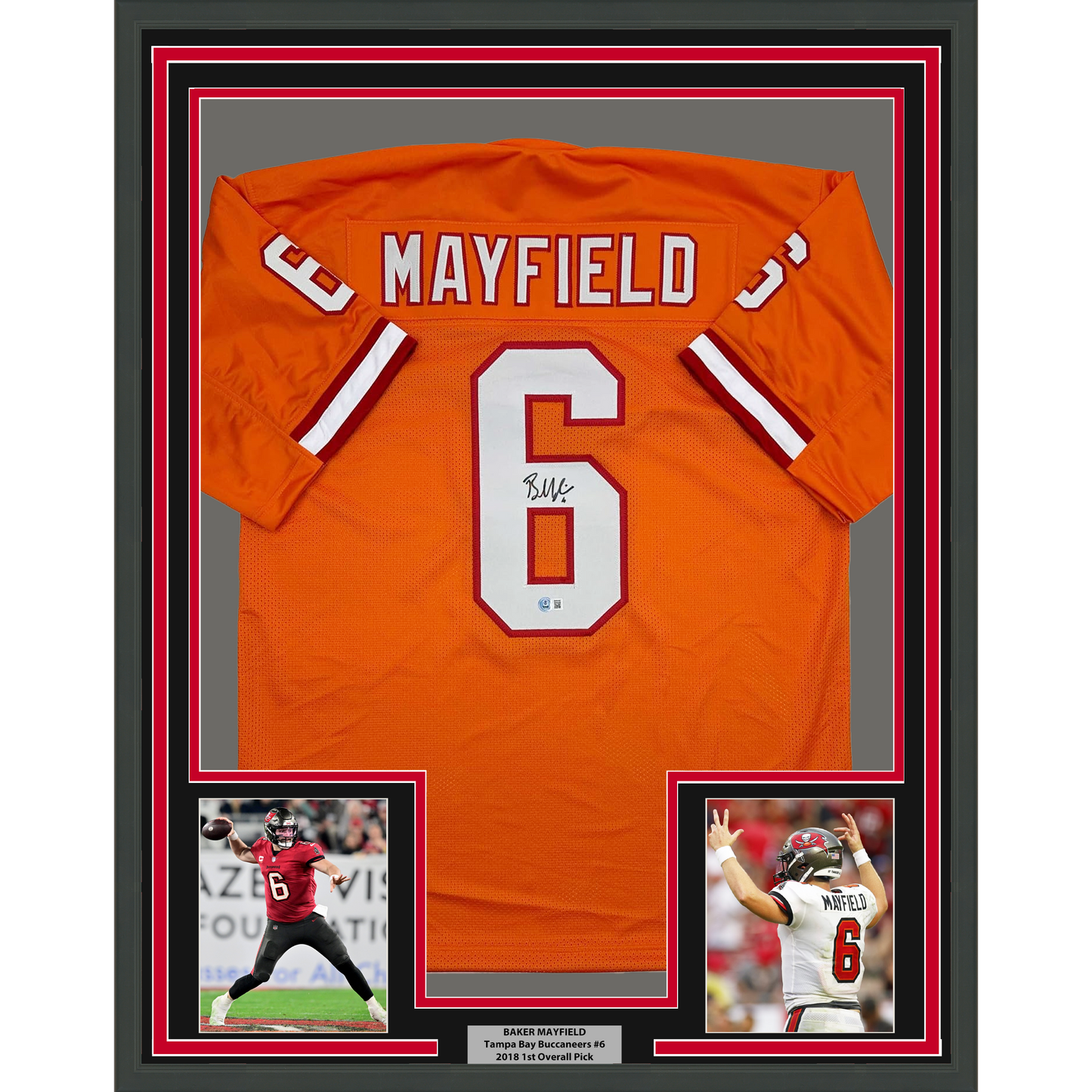 Framed Autographed/Signed Baker Mayfield 35x39 Tampa Bay Orange Creamsicle Retro Throwback Football Jersey Beckett BAS COA