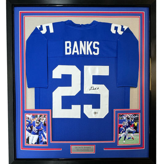 Framed Autographed/Signed Deonte Banks 35x39 New York Blue Football Jersey Beckett BAS COA