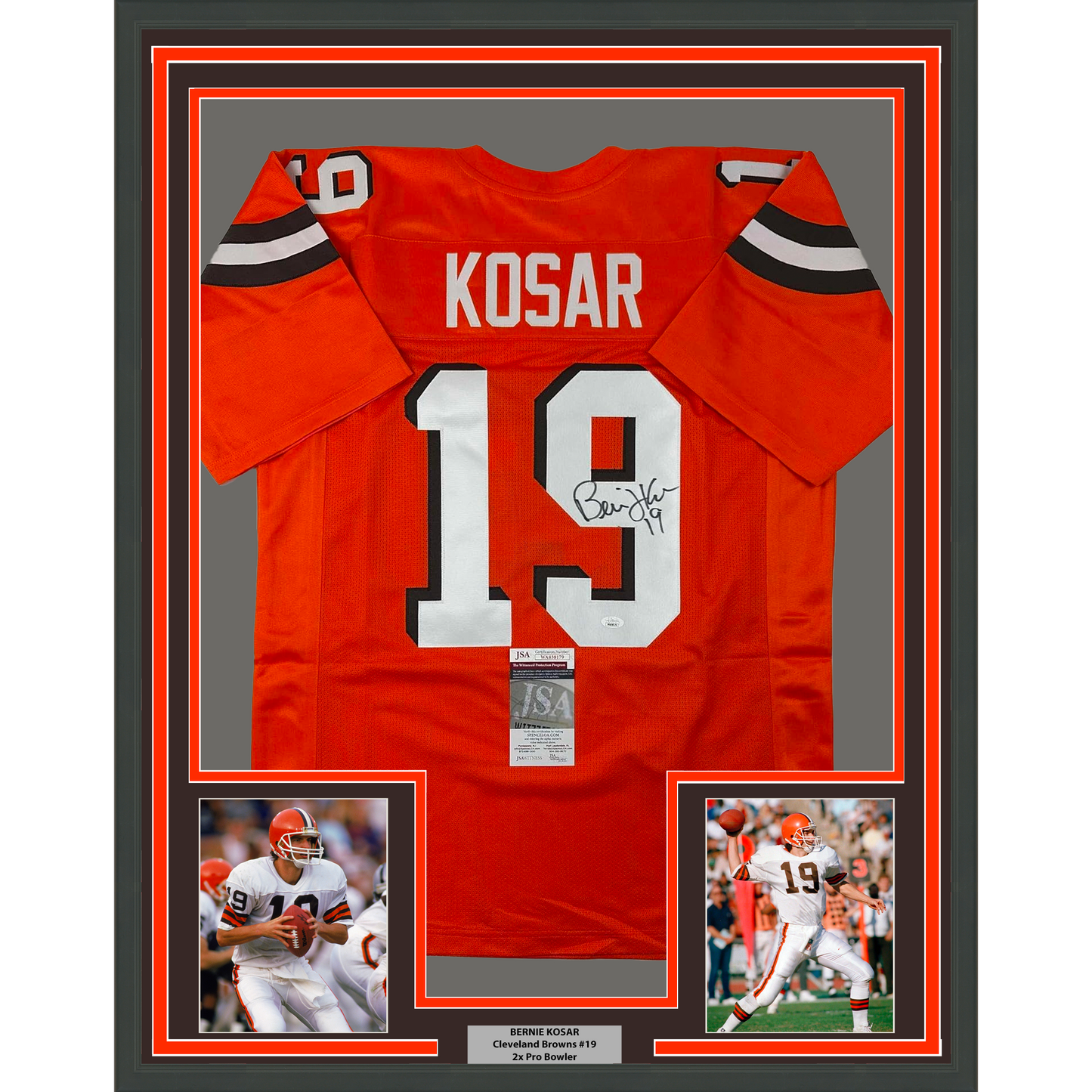Framed Autographed/Signed Bernie Kosar 35x39 Cleveland Orange Football Jersey JSA COA