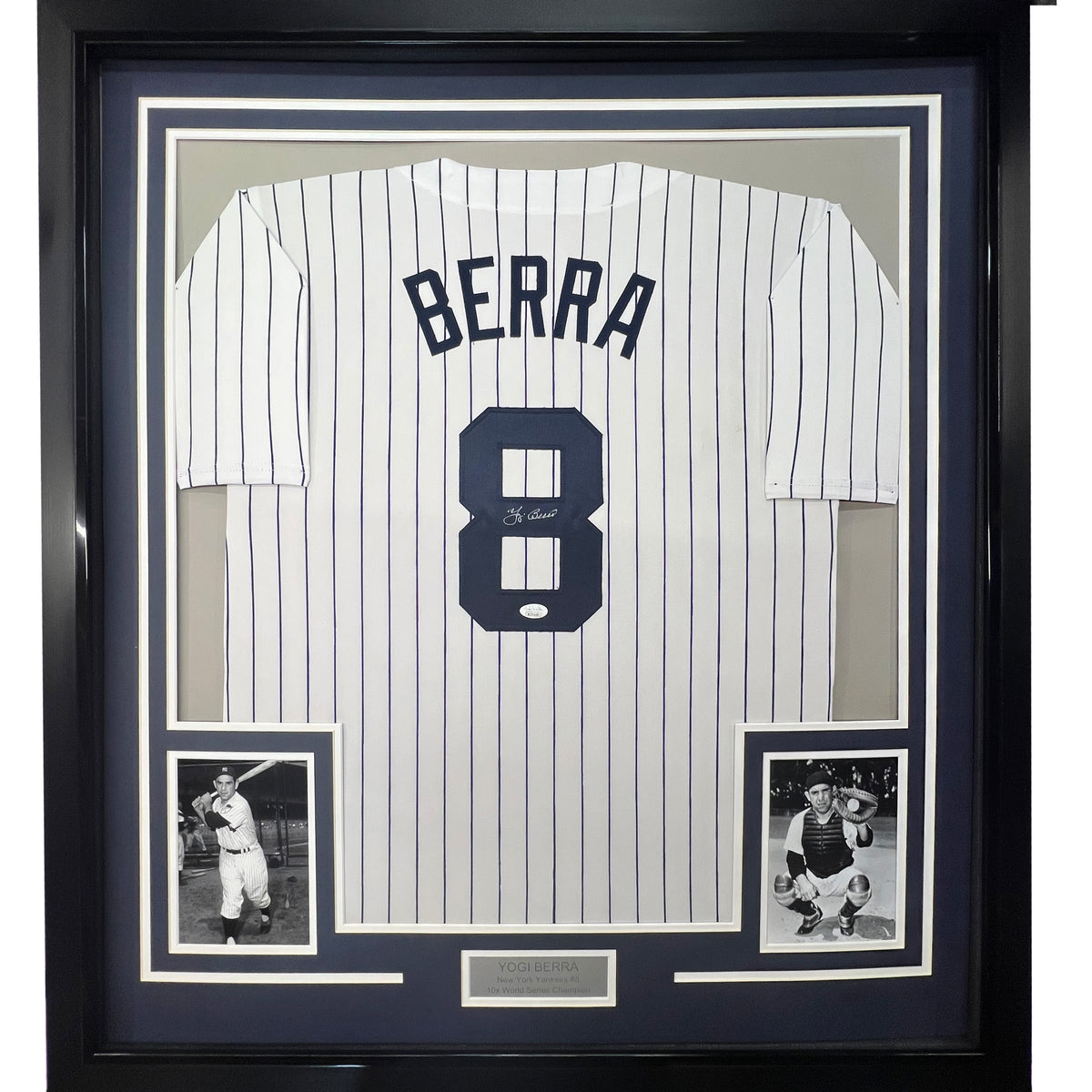 Framed Autographed/Signed Yogi Berra 35x39 New York Pinstripe Baseball Jersey JSA COA