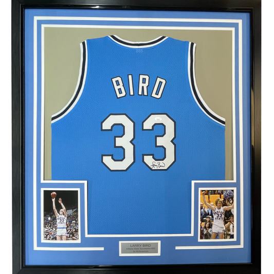 Framed Autographed/Signed Larry Bird 35x39 Indiana State Blue College Basketball Jersey JSA COA