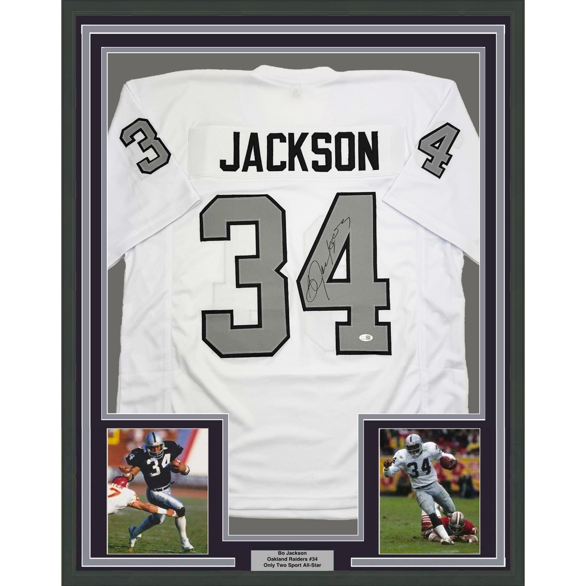 Framed Autographed/Signed Bo Jackson 35x39 Oakland White Color Rush Football Jersey JSA COA