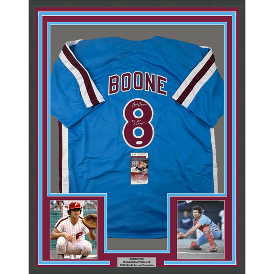 Framed Autographed/Signed Bob Boone 35x39 80 WS Champs Philadelphia Retro Blue Baseball Jersey JSA COA