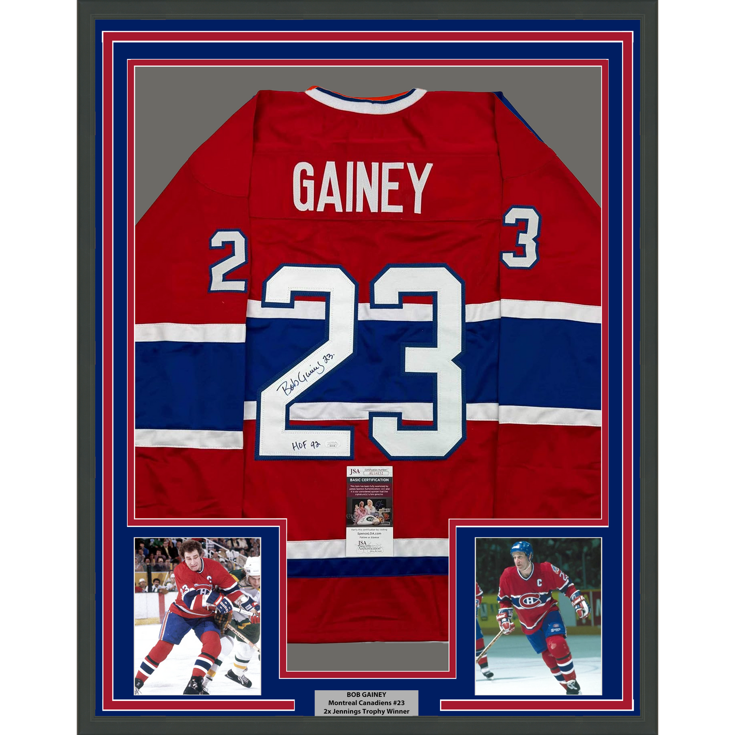 Framed Autographed/Signed Bob Gainey 35x39 HOF 1992 Montreal Red Hockey Jersey JSA COA