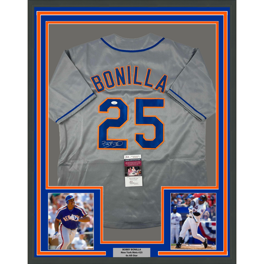 Framed Autographed/Signed Bobby Bonilla 35x39 New York Grey Baseball Jersey JSA COA