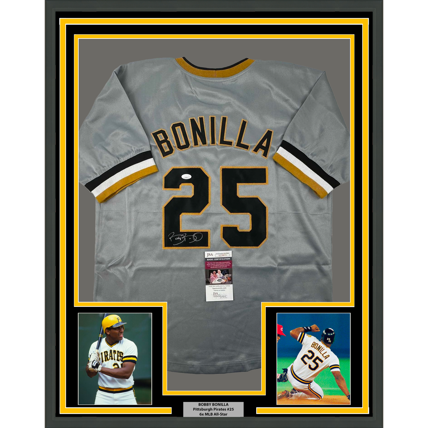Framed Autographed/Signed Bobby Bonilla 35x39 Pittsburgh Grey Baseball Jersey JSA COA