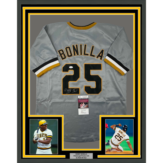 Framed Autographed/Signed Bobby Bonilla 35x39 Pittsburgh Grey Baseball Jersey JSA COA