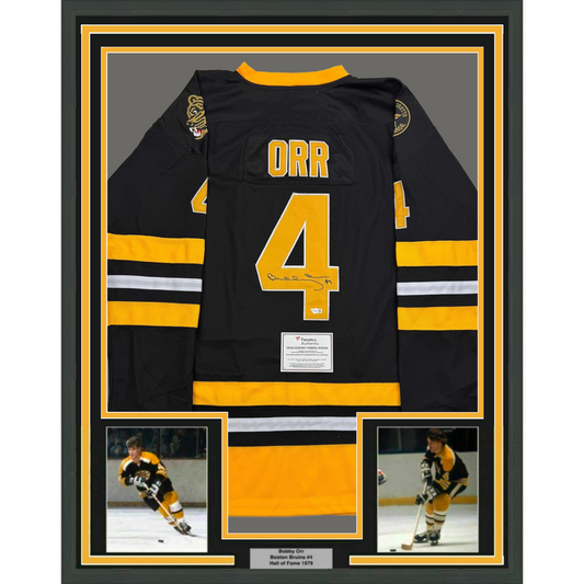 Framed Autographed/Signed Bobby Orr 35x39 Boston Bruins Black Hockey Jersey Fanatics COA