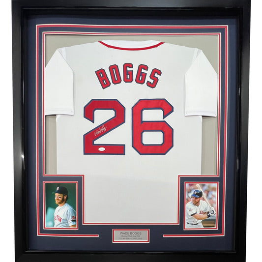 Framed Autographed/Signed Wade Boggs 35x39 Boston White Baseball Jersey JSA COA