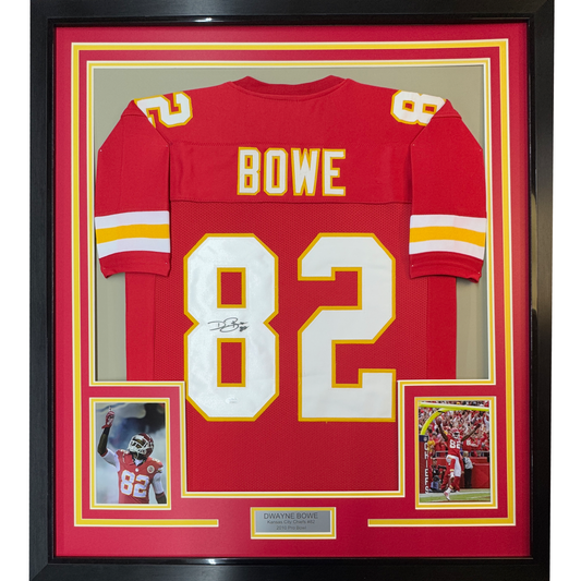 Framed Autographed/Signed Dwayne Bowe 35x39 Kansas City Red Football Jersey JSA COA
