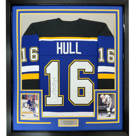 Framed Autographed/Signed Brett Hull 35x39 St. Louis Blue White Numbers Hockey Jersey JSA COA
