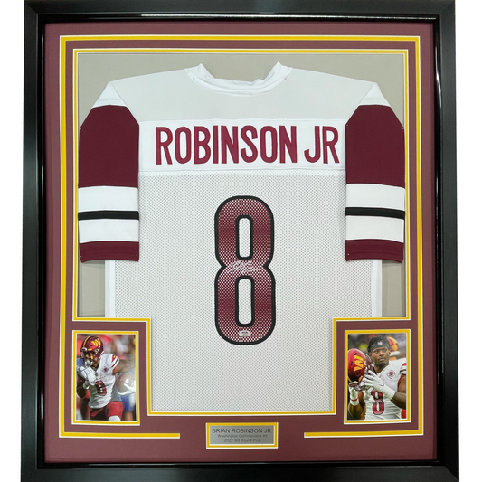 Framed Autographed/Signed Brian Robinson Jr. 35x39 Washington White Football Jersey PSA/DNA COA