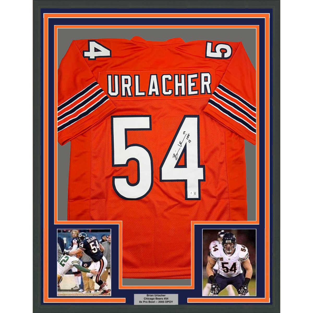 Framed Autographed/Signed Brian Urlacher 35x39 HOF 18 Chicago Orange Football Jersey Beckett BAS COA