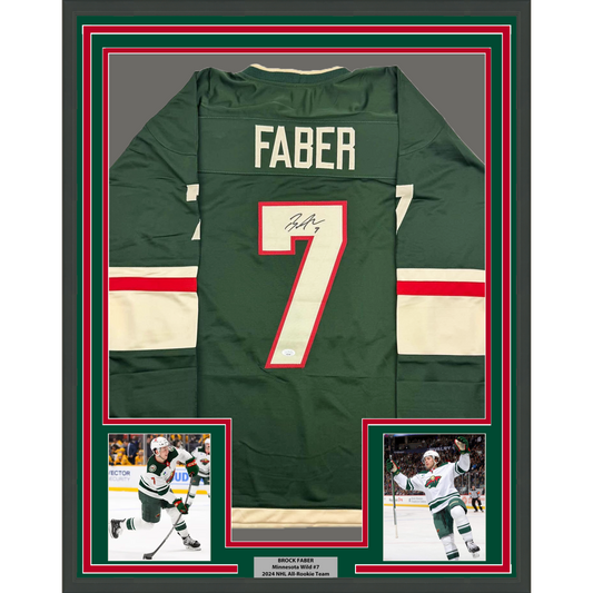 Framed Autographed/Signed Brock Faber 35x39 Minnesota Green Hockey Jersey JSA COA