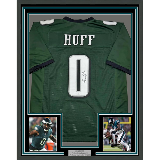 Framed Autographed/Signed Bryce Huff 35x39 Philadelphia Green Football Jersey JSA COA