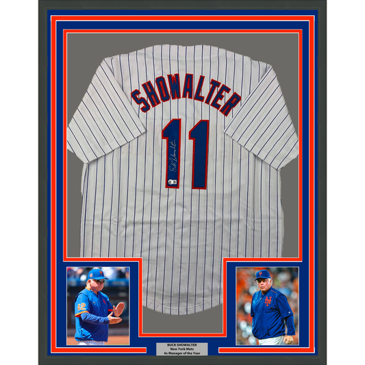 Framed Autographed/Signed Buck Showalter 35x39 New York Pinstripe Baseball Jersey Beckett BAS COA