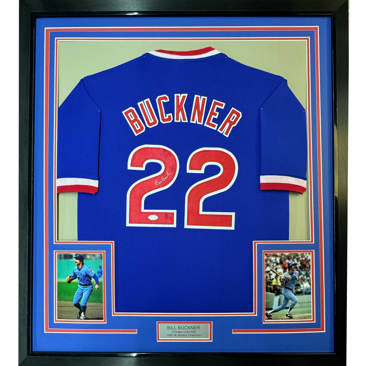 Framed Autographed/Signed Bill Buckner 35x39 Chicago Blue Baseball Jersey JSA COA
