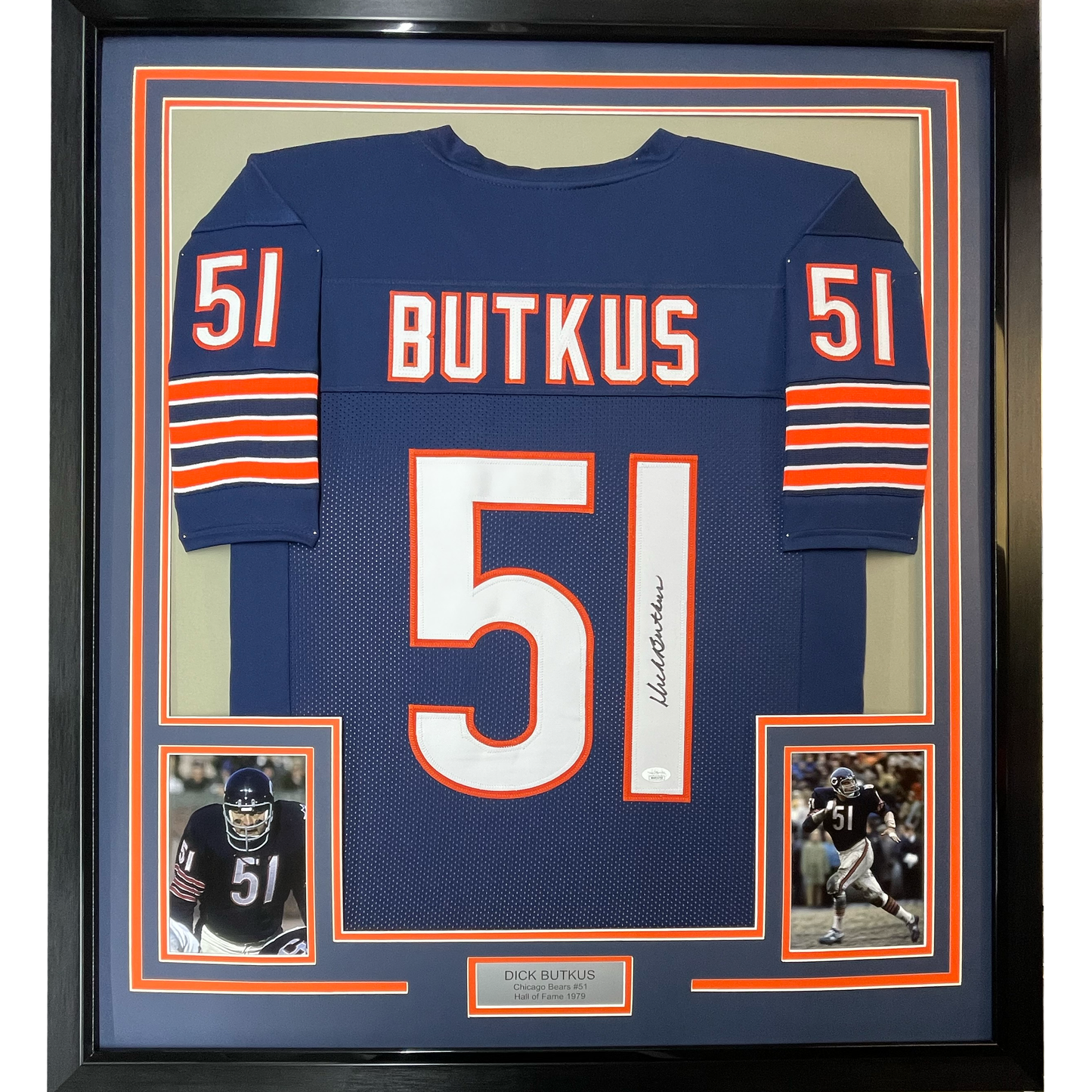 Framed Autographed/Signed Dick Butkus 35x39 Chicago Blue Football Jersey JSA COA