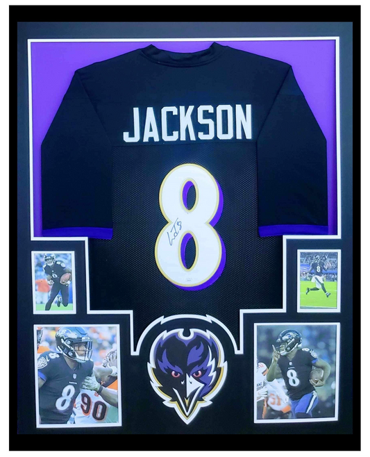 Lamar Jackson Autographed Baltimore Ravens Jersey Framed 35x43 JSA COA