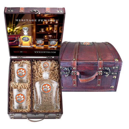 Clemson University Capitol Decanter and 2 Glasses with Chest Box