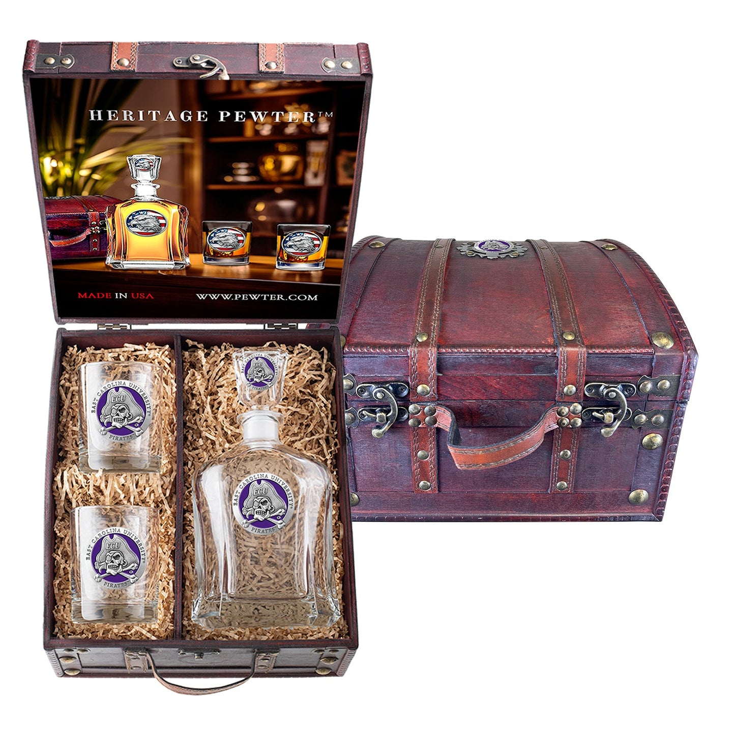 East Carolina University Capitol Decanter and 2 Glasses with Chest Box