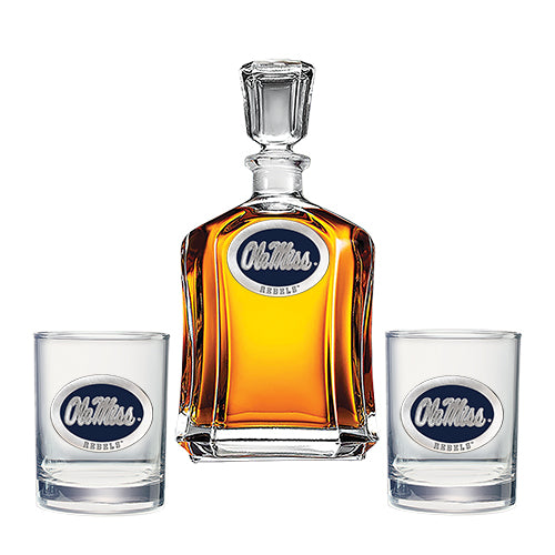 University of Mississippi "Ole Miss" Blue Logo Capitol Decanter with 2 Glasses
