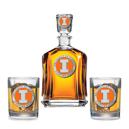 University of Illinois Capitol Decanter with 2 Glasses