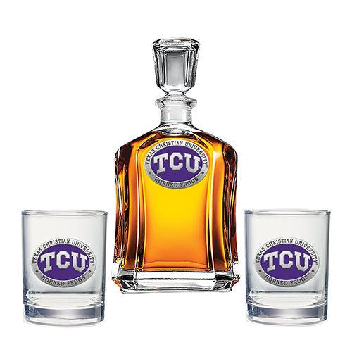 Texas Christian University Capitol Decanter with 2 Glasses