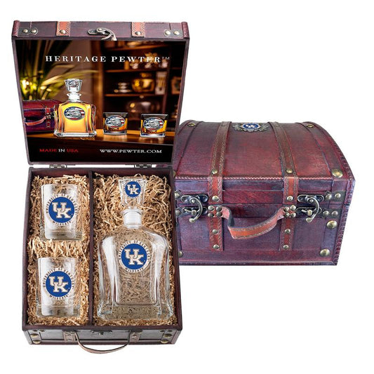 University of Kentucky UK Logo Capitol Decanter and 2 Glasses with Chest Box