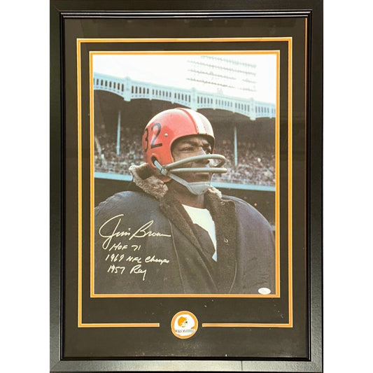 Jim Brown Autographed Cleveland Browns Deluxe Framed 16x20 Photo with Inscriptions - JSA