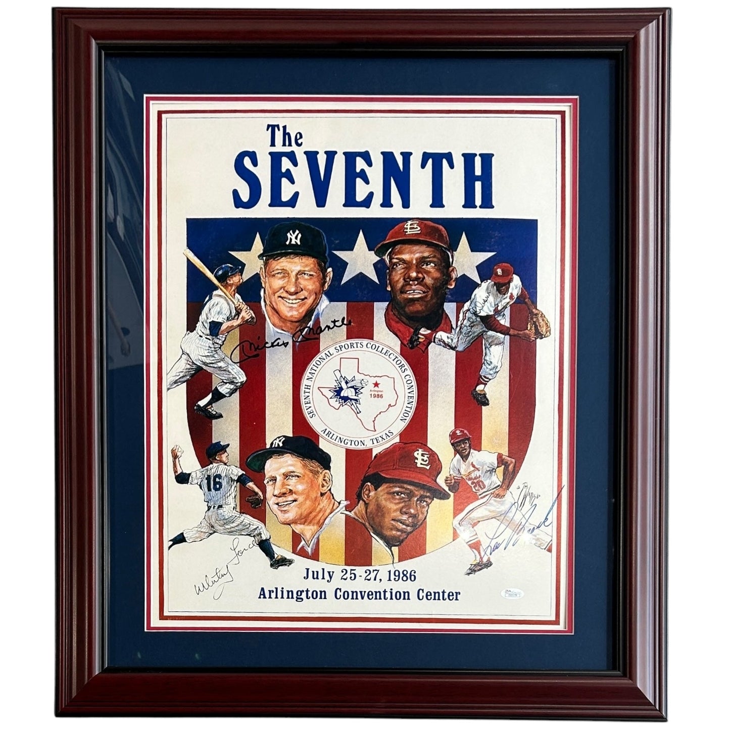Mantle Ford Gibson And Brock Autographed Deluxe Framed Baseball 16x20 Lithograph - JSA