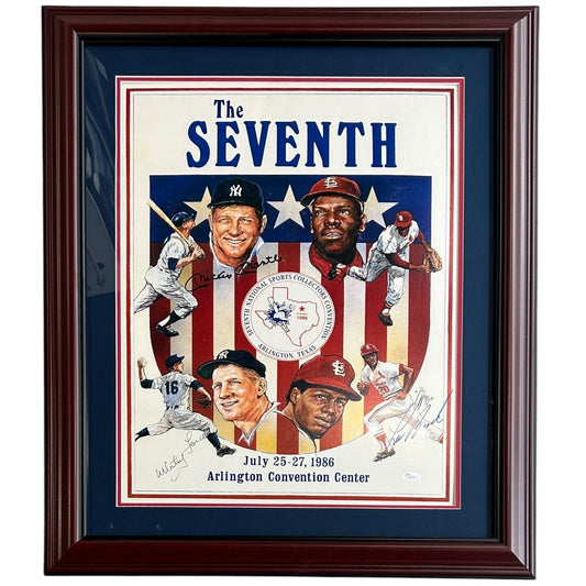 Mantle Ford Gibson And Brock Autographed Deluxe Framed Baseball 16x20 Lithograph - JSA