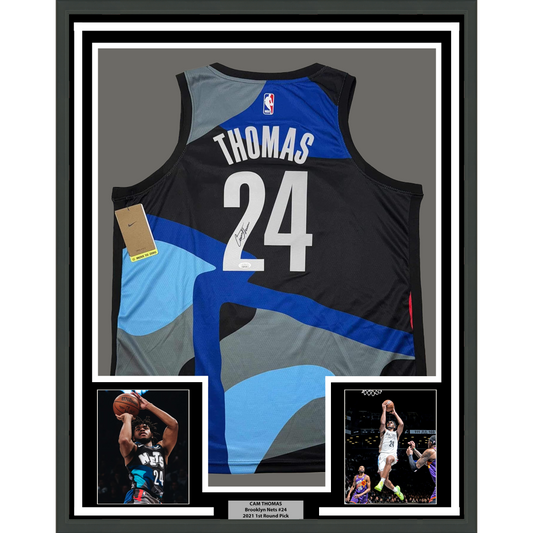 Framed Autographed/Signed Cam Thomas 35x39 Brooklyn City Edition Black Basketball Jersey Beckett BAS COA
