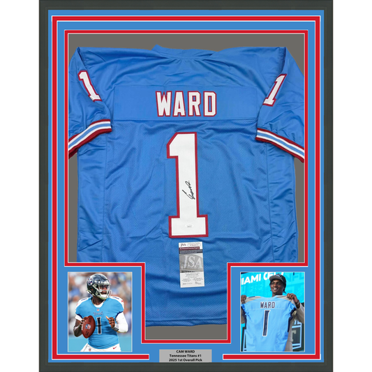 Framed Autographed/Signed Cameron Cam Ward 35x39 Tennessee Retro Light Blue Football Jersey JSA COA