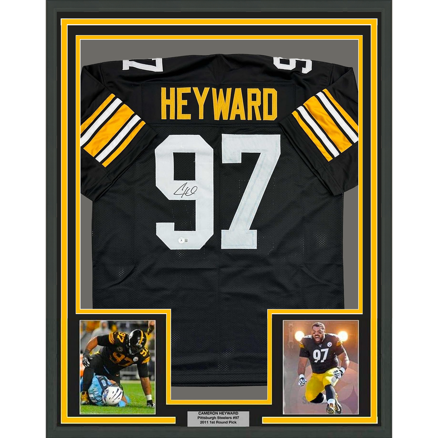 Framed Autographed/Signed Cameron Cam Heyward 35x39 Pittsburgh Retro Black Football Jersey Beckett BAS COA