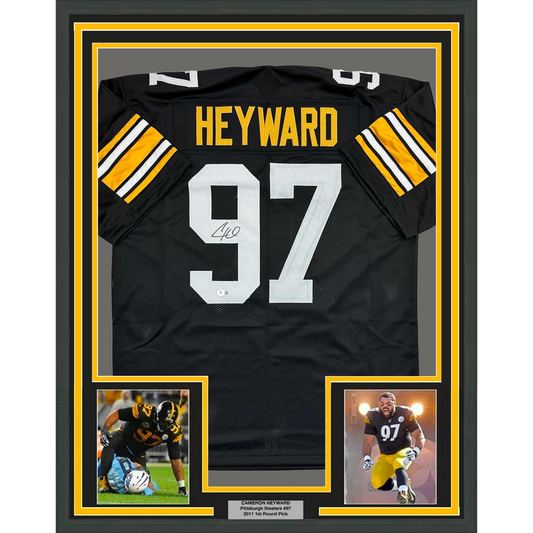 Framed Autographed/Signed Cameron Cam Heyward 35x39 Pittsburgh Retro Black Football Jersey Beckett BAS COA